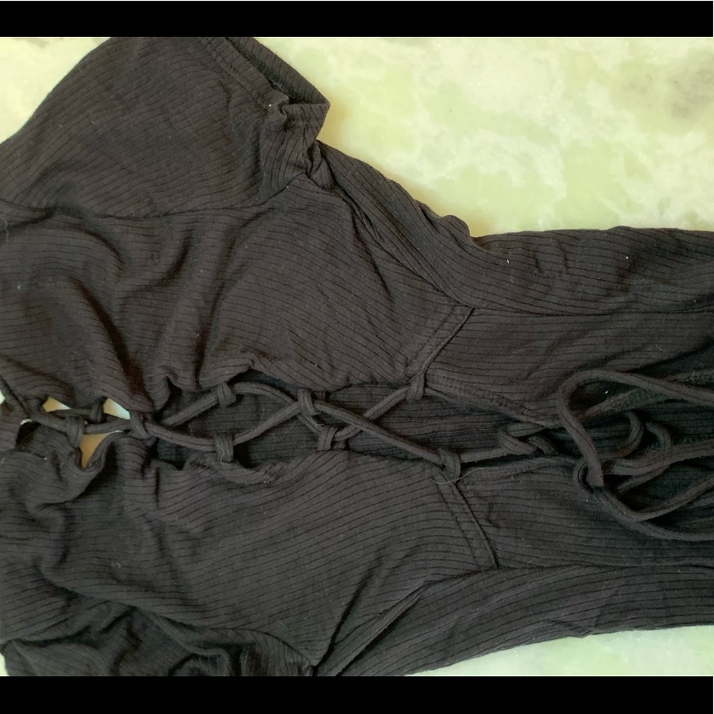 A&F Black Ribbed Bodysuit with Lace Up Details
